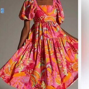 Farm Rio Dress Fruit Brush Tiered Midi Size Medium Resortwear Luxury Vibrant NEW